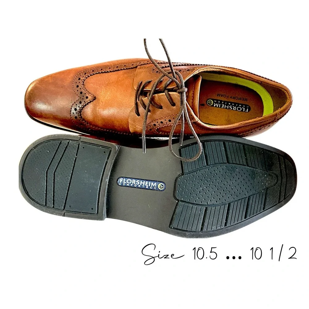 Florsheim Comfortech Memory Foam Mens Size 10.5 Cognac Leather Wingtip Shoes
